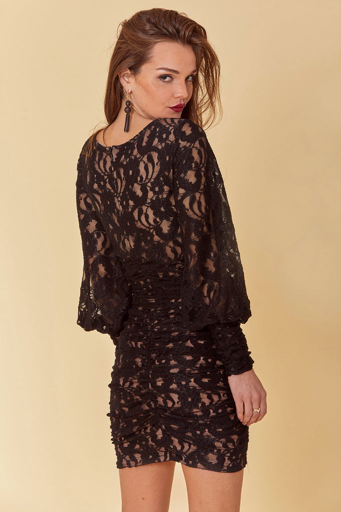 Tyra Lace Mini Dress with Statement Sleeves in Black – Bisou Bisou