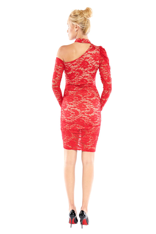 Heather One-shoulder Lace Bodycon Mini Dress with Mock Neck in Red Bisou Bisou Heather One-shoulder Lace Bodycon Mini Dress with Mock Neck in Red Bisou Bisou